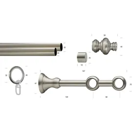 GARESA Gardinenstange GARESA "ANDREA", silber (mattnickelfarben), L:150cm Ø:20mm, Metall, Gardinenstangen, Vorhanggarnitur, verlängerbar, Endknopf Profil groß, mit Ringen