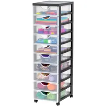 Iris Ohyama Kunststoff-Schubladenbox mit Rollen, 10 flachen Schubladen, Schwarz, Griffe zum Ziehen, Für Schlafzimmer, Schule & Büro, BPA-frei, Schubladenschrank, Rollcontainer, A4 Drawer, DDDC-010