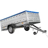 Einachsanhänger 264x150 UNITRAILER GARDEN 265 KIPP mit zusätzlichen Bordwänden, H-0-Rahmen und blauer Plane
