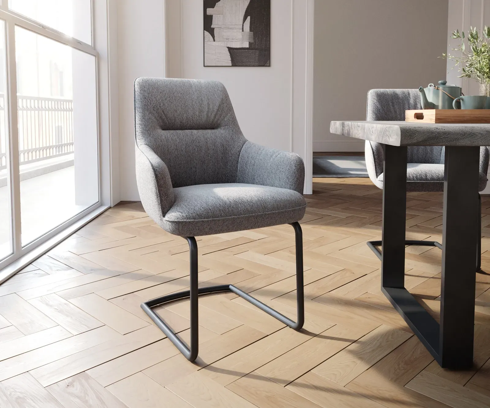 DELIFE Cantilever Zelia-Flex avec accoudoirs tissu texturé gris clair cantilever rond noir ressorts ensachés, Chaises de salle à manger