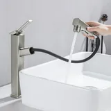 HANLIAN Einloch-Badezimmer-Wasserhahn mit drehbarem Auslauf, Einhandhahn für Waschbecken, moderner Badezimmer-Wasserhahn mit herausziehbarem Sprüher, 3 Modi, Waschtischarmaturen (gebürstetes Nickel,