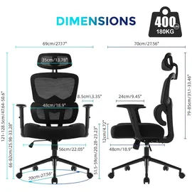 IWMH Bürostuhl Ergonomischer Schreibtischstuhl Mesh Computerstuhl, Höhenverstellbarer Drehstuhl mit Verstellbarer Kopfstütze Armlehnen, Lendenwirbelstütze, Wippfunktion Chefsessel aus Drehstuhl gegen Rückenschmerzen 180kg