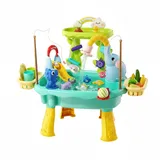 Hotainoys Wassertisch für Kinder, 2-lagiger 6-in-1-Wasserspieltisch, blaues Kinderspielzeug mit zirkulierender Bewässerung, Rutsche, Angel- und Basketballfunktionen für Kinder