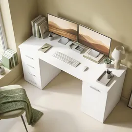Homcom Computertisch Schreibtisch mit 4 Schubladen, verstellbarem Regal, Weiß