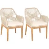 Mendler 2er-Set Gartenstuhl HWC-H56b, Sessel Outdoor, wetterfest Seilgeflecht Rope Holz Akazie ~ beige Kissen creme-weiß