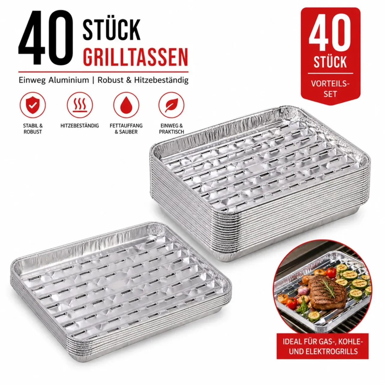 Tepro Aluminium Grillschalen BBQ Grillschale 34x23 cm eckig 40er-Set Fettscha...