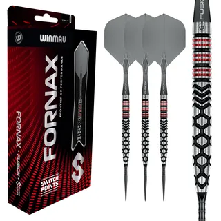 WINMAU FORNAX Darts – Professionelle Darts 90% Wolfram, Schwarze/rote parallele & konische Barrels, Switch Point, 2 Spitzen, Kurze Schäfte & Flights, 21/22/23/24 g Darts