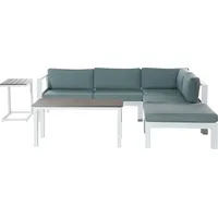 Beliani Lounge Set Weiß Aluminium und Kunstholz mit Auflagen Mintgrün Stoff Skandi Modern 5-Sitzer Ecksofa Ottomane und 2 Couchtische Terrasse Garten Möbel