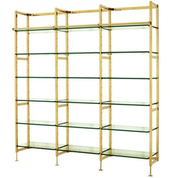 Casa Padrino Luxus Regal Schrank Edelstahl Gold mit Glasböden B 223 x H 245 cm Bücherregal Regal Schrank - Art Deco Möbel