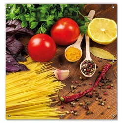 Sonnenschutz Italienisches Menü mit Spaghetti, Tomaten, Basilikum und Gewürzen, Wallario, blickdicht, mit Saugnäpfen, wiederablösbar und wiederverwendbar gelb 96 cm x 100 cm