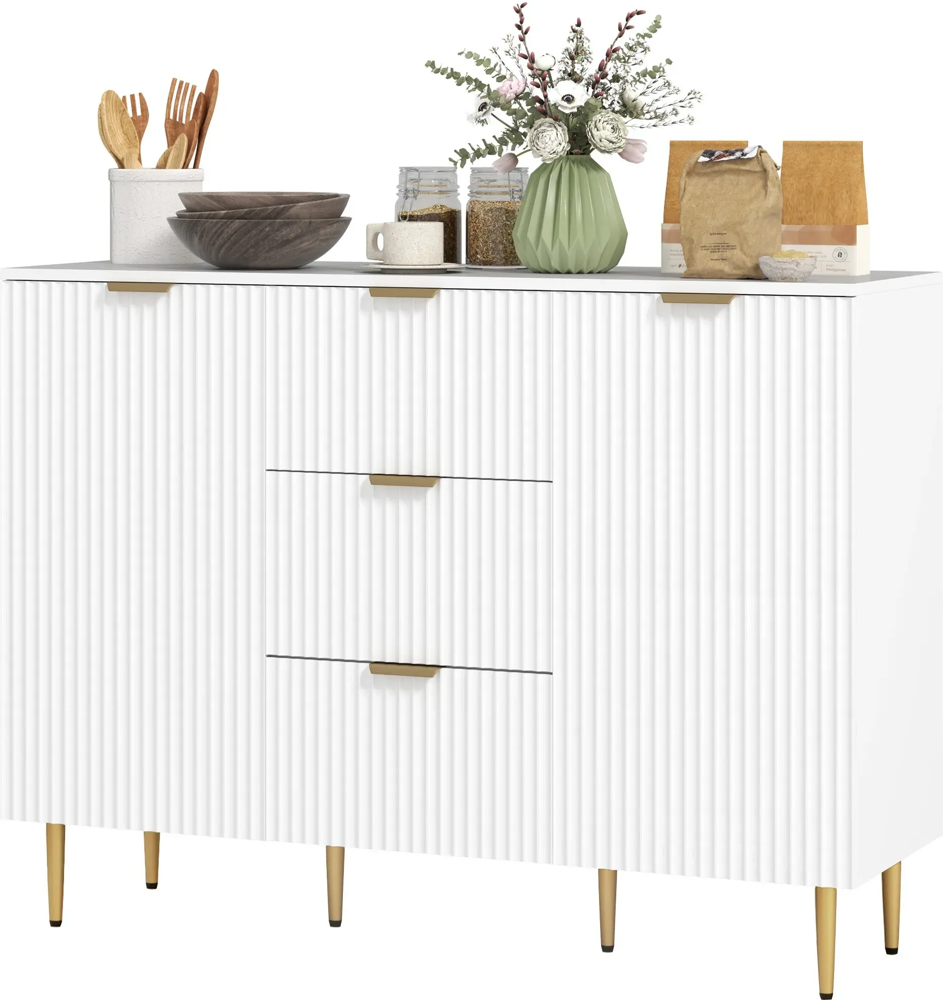 HOMCOM Buffet Küchenmöbel Aufbewahrung mit 3 Schubladen, höhenverstellbaren Regalen, Schranktüren mit Rillen und Metallbeinen, Ess- und Wohnzimmerbuffet, 120 x 40 x 90 cm, weiß   Aosom