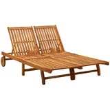 Festnight Doppel Sonnenliege Holz mit Rollen Doppelliege Outdoor 2 Personen Holzliege Gartenliege Verstellbare Liege Outdoor loungebett Liegestuhl Garten Massivholz Akazie Wetterfest
