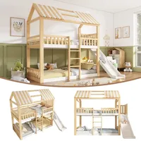 Etagenbett 90x200 cm Hausbett mit Rutsche & Giebeldach, Hochbett mit Regal & Rausfallschutz, Weiß & Natur, EN 747 , Kinderbett für 2 Kinder - Weiß