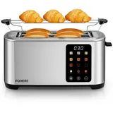 Toaster 4 Scheiben, 1400W Edelstahl Langschlitz Toaster, 9 Farbeinstellungen und 3 Brotsorten, Abbruch-/Auftau-/Aufwärmfunktion,Touchscreen Bedienung, mit Brötchenaufsatz