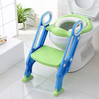 Toilettensitz kinder mit treppe, Faltbar Toilettentrainer Stabilen Rutschfesten, Kinder WC Sitz mit Griffe Höhenverstellbar,Klappbarer Töpfchentrainer Toiletten Mit einem PU Kissen. (Blau + Grün)