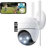 2K Überwachungskamera Aussen WLAN, PTZ Outdoor IP Kamera überwachung außen, WiFi Dome Camera mit Farbiger Nachsicht 32&64GB - Weiß