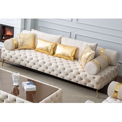 Casa Padrino Luxus Chesterfield 3er Sofa Creme / Gold 250 x 115 x H. 70 cm - Chesterfield Wohnzimmer Sofa - Wohnzimmer Möbel - Chesterfield Möbel - Luxus Möbel - Luxus Einrichtung - Möbel Luxus
