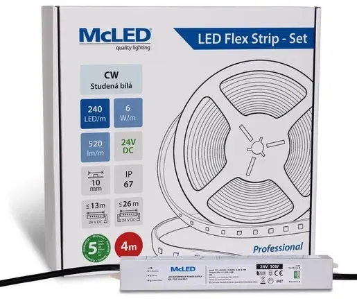 McLED LED-Band - Satz 4 m, 240 LED/m, CW, 6 W/m, DC 24V, 520 lm/m, CRI90, IP67, 10 mm, Konduktor 3 m ML-126.032.90.S04001