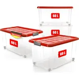 BigDean 4x 60 L Aufbewahrungsbox mit Deckel groß rot - stabile - robuste Box