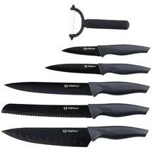 Alpina 6 teiliges Messer-Set Brot, Fleisch, Allzweck, Schäler und Santoku-Messer - Inklusive Sparschäler - Ideal für die Profiküche und auch semiprofessionelle Küche, Schwarz