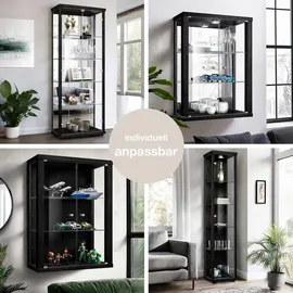 K-Möbel Glasvitrine Schwarz Glas, 4 höhenverstellbaren Glasböden - LED - Standvitrine - Vitrinenschrank - Sammlervitrine - Schwarz