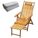 AIOJXHY Klappbarer Liegestuhl, 5-Fach verstellbare Sonnenliege Gartenliege, Holz-Deckchair, Relaxsessel mit Fußstütze für Garten, Terrasse und Balkon, mit Kissen
