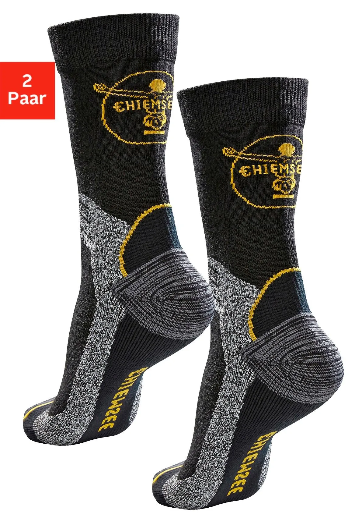 Wandersocken, (Packung, 2 Paar), mit gepolsterten Dämpfungszonen, Gr. 39-42, schwarz-grau-gelb, , 844346-39