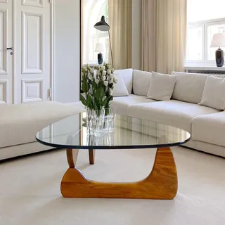 PRITIY Couchtisch Glas Beistelltisch mit Holzrahmen Moderne Wohnzimmertisch Kaffeetisch Glastisch für Wohnzimmer Sofa Coffee Table Walnut + Transparent 82 × 57 ×40cm