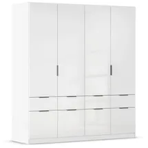 Rauch Möbel Aberdeen, Drehtürenschrank Kleiderschrank, Schrank Garderobe 4-türig, 8 Schubladen, Farbe Weiß/Hochglanz weiß, Griffe Grau metallic, 181x197x54cm
