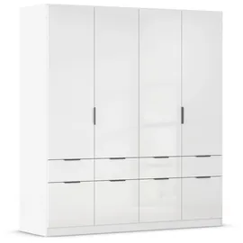 Rauch Möbel Aberdeen, Drehtürenschrank Kleiderschrank, Schrank Garderobe 4-türig, 8 Schubladen, Farbe Weiß/Hochglanz weiß, Griffe Grau metallic, 181x197x54cm
