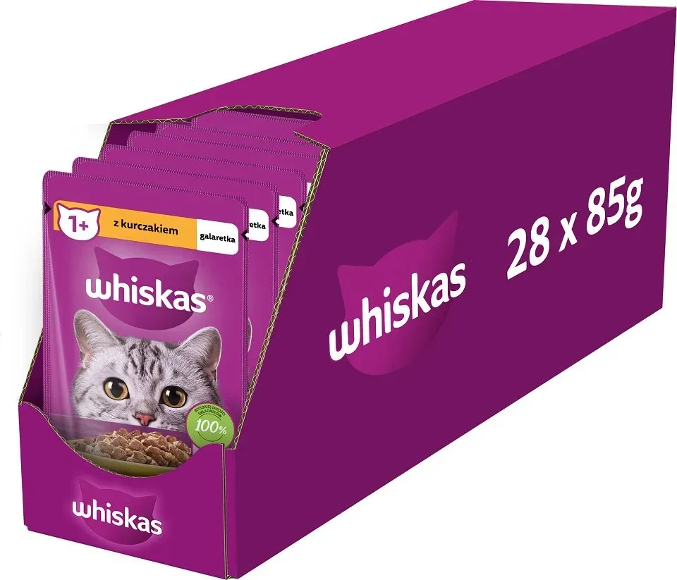 WHISKAS Adult 28x85g Nassfutter für ausgewachsene Katzen in Hühnergelee