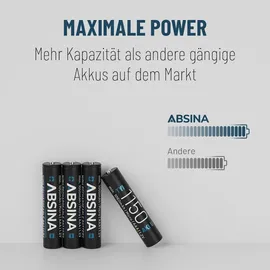 Absina AAA Akku 1150 NiMH - Akkus AAA Micro mit 1,2V & min. 1050 mAh - Batterien AAA wiederaufladbar für Telefon