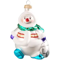 Krebs Glas Lauscha Weiß/Blau 11cm Schneemann mit Schal, Glasornament, mundgeblasen und handdekoriert