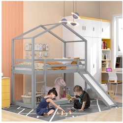 Mia&Coco Kinderbett Kinderbett Hausbett, Etagenbett mit Rutsche, Massivholz 90 x 200 cm grau