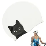 Badekappen für langes Haar,Badekappen für langes Haar - Badekappe mit Katzenmuster, Silikon-Badekappen,rutschfeste Gehörschutz-Badekappen, Bademütze für Damen, Herren und Erwachsene