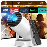 Mini Beamer 4K 1080p Full HD, Mini Projektor Tragbarer, mit Android 12.0 WLAN 6 Bluetooth 5.4 Automatischer Trapezkorrektur Integrierter 5-W-Lautsprecher und 270°-Drehung für Heimkino im Freien