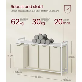VASAGLE Wäschekorb 4 Fächer, Wäschesammler mit Ablage, Wäschebox, Metallrahmen - Weiß