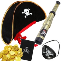 Hatstar Kinder Piraten Set | Hut mit roter Schleife & Totenkopf | Fernrohr + Taler + Münzbeutel + Augenklappe | Accessoire Kostüm Pirat für Jungen & Mädchen | zu Karneval & Fasching