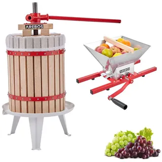 Arebos Obstpresse 18L & Obstmühle 7L Kombi-Set inkl.Presstuch,Druckplatte&Metallspindel rot