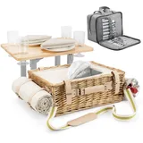 GOOZY Wicker Picknickkorb für 4 mit abnehmbarem Tisch, Geschirr Tasche, isolierte Kühler & wasserdichte Decke - Willow Picnic Hamper Set für Camping, Hochzeit (Beige Sunflower Lining)