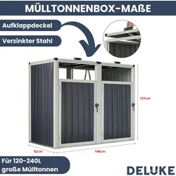DELUKE® 2er Mülltonnenbox OSEO verzinkter Stahl - für 120-240L Tonnen| 2er Mülltonnenverkleidung für 2 Tonnen 240L Müllbox aus Metall | Anthrazit