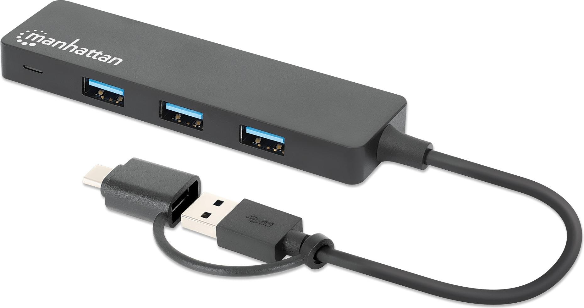 Manhattan 4-Port USB 3.0 Typ-C / Typ-A Kombo-Hub (USB A, USB C), Dockingstation + USB Hub, Schwarz