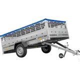 Anhänger 264x150 UNITRAILER GARDEN 265 KIPP mit Gitteraufsatz, Flachplanenträgern und blauer Plane