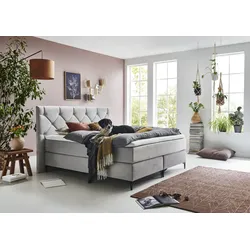 Boxspringbett HOME AFFAIRE "Aiko", grau, B:200cm L:207cm, Bezug Bett: haustierfreundlicher Strukturstoff (100% Polyester), besonders pflegeleicht und antistatisch. Bezug Topper: Jersey; Gestell: Massivholzrahmen, Komplettbetten, 100% vegan, mit tierfreundlichem Bezugssstoff, besonders pflegeleicht