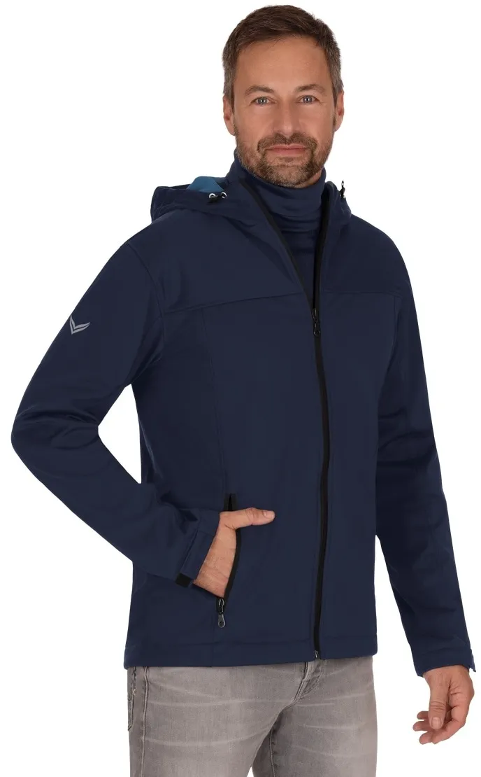 Softshelljacke TRIGEMA "TRIGEMA Klassische Softshell–Kapuzenjacke" Gr. L, blau (navy) Herren Jacken Outdoorjacken