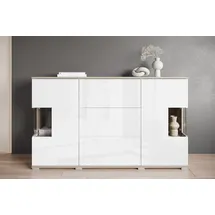 INOSIGN Sideboard "Kenia", weiß (eiche sonoma, weiß hochglanz), B:150cm H:89cm T:39,5cm, FSC-zertifizierter Holzwerkstoff, Glas, Hartfaserplatte, Kunststoff, Sideboards, Sideboard, mit 3 Schubladen, 6 Fächern, Glastüren, Breite 150 cm, Topseller