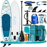 CFB SUP-Board Set 320x84x15 cm, Belastbarkeit 160 kg, Aufblasbares Stand Up Paddle Board, (mit 84 cm Standfläche & großem EVA-Deckpad, 12 tlg., SUP Set mit Paddel, Pumpe, Rucksack, Dry Bag, Handyhülle, Schultergurt), stabil, leicht und rutschfest, 3-Finnen-System für Anfänger weiß