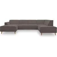 DOMO. collection Wohnlandschaft Jules FK, skandinavisches Sofa mit Federkern, Couch in U-Form mit Holzfüßen, 333 x 191 x 81 cm (BxTxH), Longchair links, braun (khaki)