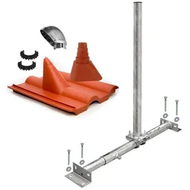 PremiumX Dachsparrenhalter Satellitenschüssel Montage Set Sparrenhalter feuerverzinkt Frankfurter Dachziegel rot SAT Mastkappe