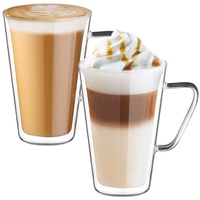 ecooe Doppelwandige Latte Macchiato Gläser Set Borosilikatglas Kaffeetassen Glas 2er Set 450ml Kaffeeglas Teegläser mit Henkel für Cappuccino,Latte Macchiato,Tee,EIS,Milch,Bier